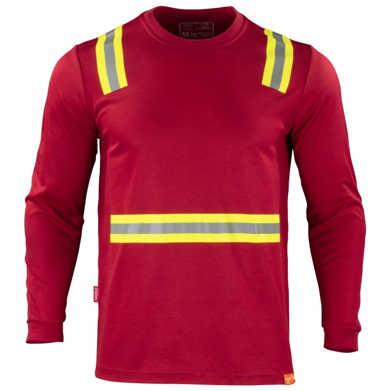 Polera hibrida dual hi vis hombre manga larga roja